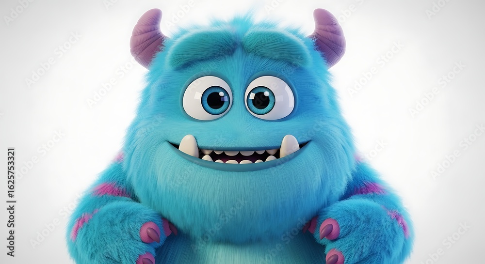 Fototapeta premium Adorable Blue Furry Monster Character Smiling with Horns and Big Eyes Animated and Cuddly on White Background