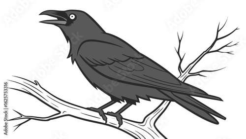 A black crow perched on a bare branch with its beak open and a white background in a cartoon style