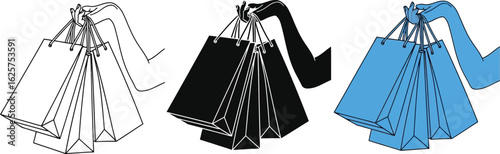 Three depictions of a hand holding several shopping bags by the handles