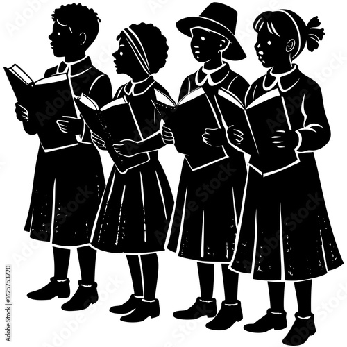 Four children are singing in a choir isolated on white background
