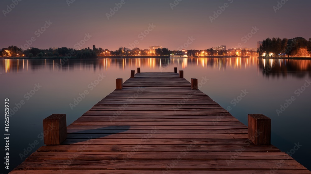 Fototapeta premium Wooden Pier Over Calm Lake with City Lights Reflecting Under Evening Sky