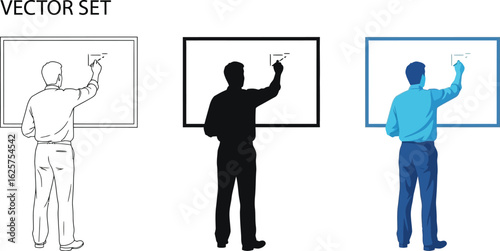Three depictions of a man writing on a whiteboard vector illustration