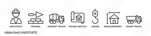 Architecting Construction Icons set vector illustration outline with Architect, Trowel, Cement truck, House sketch, Crane, Measurement, Dump truck
