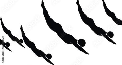 Silhouettes of people diving in a row against a white background art