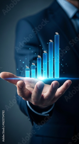 Dynamic blue bar graph showing growth percentages projected from an open hand, symbolizing financial success and investment.