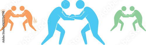 Three pairs of stylized figures wrestling in different color tones