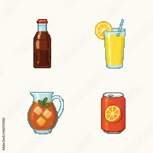 Pixel art collection of citrus and bottled refreshments