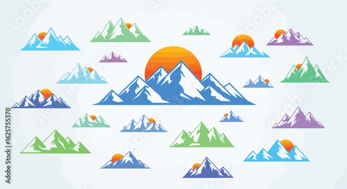 Illustration of colorful mountain peaks with suns on a white background