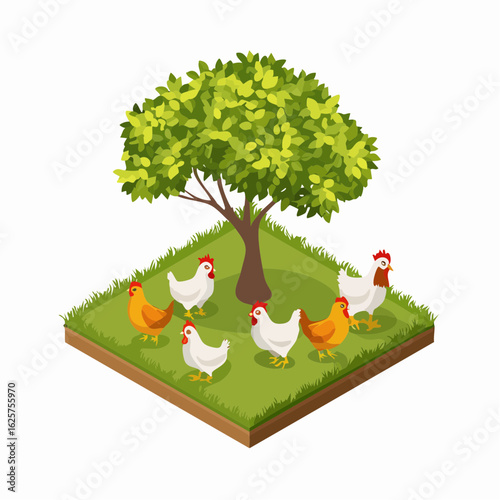 Free-range chickens roaming under a tree farmyard setting illustrative artwork bright and cheerful environment