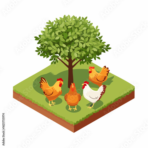 Chickens roaming under a tree in a grassland playful nature isometric view farm life concept