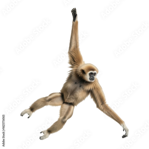 A nimble gibbon captured mid swing, showcasing its long, powerful arms and agile movement. Ideal for nature, wildlife, or educational content.