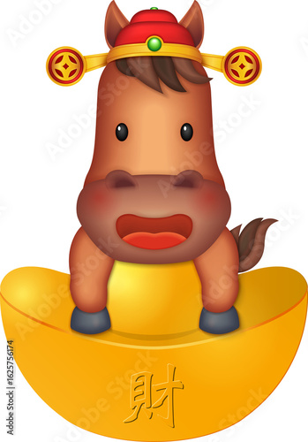 Chinese new year of 3D cartoon nursery character horse with traditional hat holding a big Chinese gold ingot