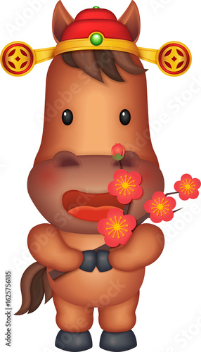 Chinese new year of 3D cartoon nursery character horse holding plum blossom branch
