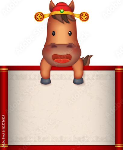 Chinese new year of 3D cartoon nursery character horse holding a traditional paper scroll