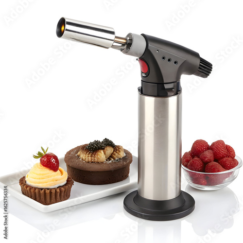 A compact kitchen blow torch used in dessert preparation, ideal for caramelizing sugar