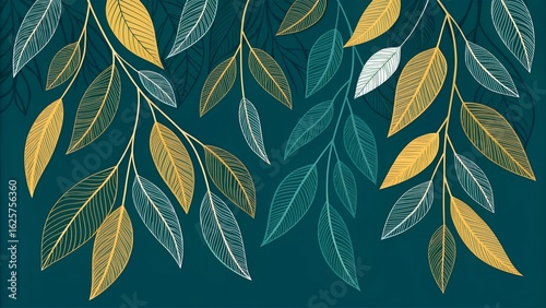 Decorative background with gold white and blue leaves on branches against a dark teal backdrop
