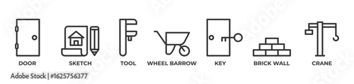Building Foundations Icons set vector illustration outline with Door, Sketch, Tool, Wheel barrow, Key, Brick wall, Crane