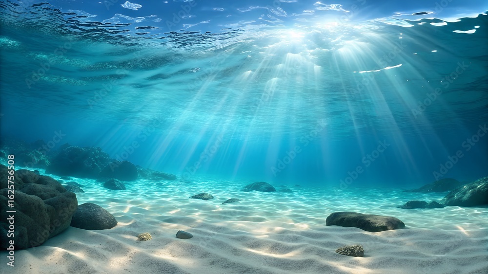 Fototapeta premium Underwater scene with sunlight filtering through the water onto a sandy seabed and scattered rocks