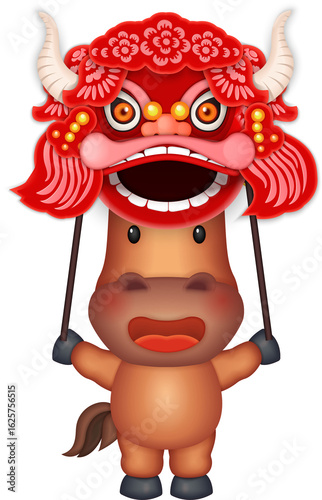 Chinese new year of 3D cartoon nursery character horse with traditional costume of dragon and lion dance