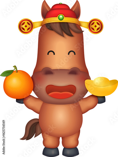 Chinese new year of 3D cartoon nursery character horse holding gold ingot and orange