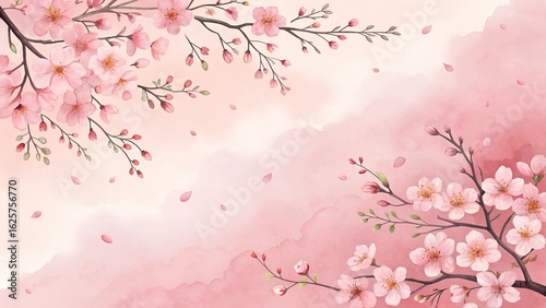 Watercolor painting of cherry blossom branches with falling petals on a pink background design art