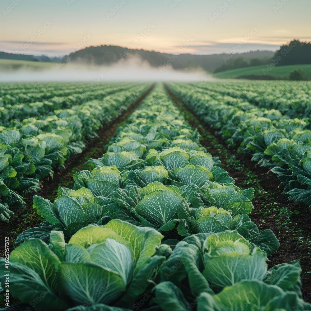 Fototapeta premium Fresh Cabbage Field with Lush Green Leaves at Sunrise in Nature