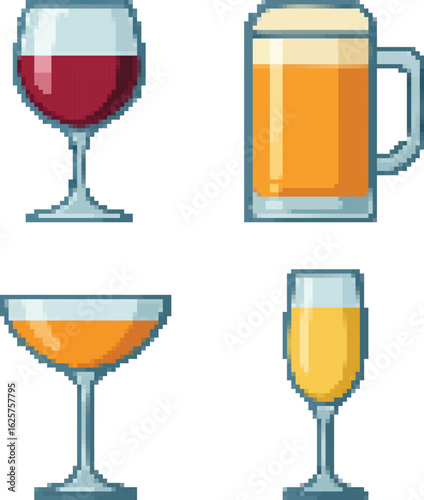Pixel art assortment of alcoholic stemware and beer