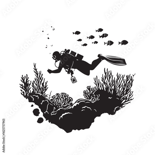 Cartoon vector illustration of a scuba diver exploring the ocean floor