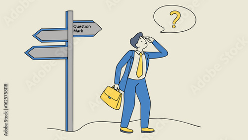 Businessman facing crossroads, uncertain future, decision-making concept;  flat design, thoughtful mood, vector illustration.
