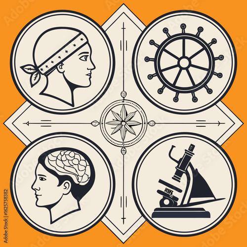 : vintage science - collection of vintage drawings featuring disciplines such as medicine, phrenology, chemistry, palm reading (chiromancy) and nautical .