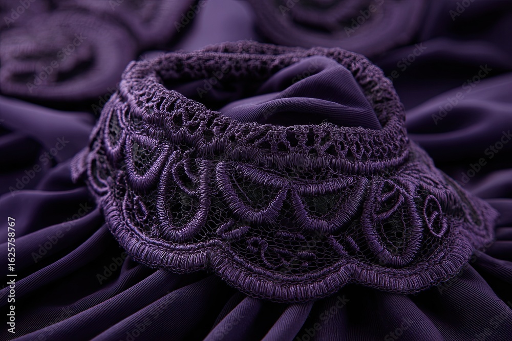 Obraz premium Close-up of deep purple fabric with intricate lace collar