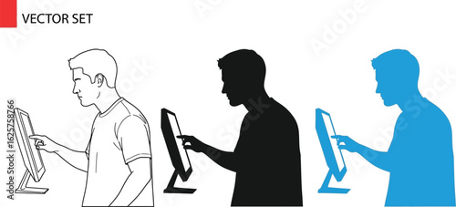 Three vector images of a man using a touch screen computer display