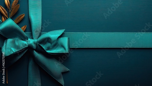 Teal ribbon bow atop dark teal background with golden sprig