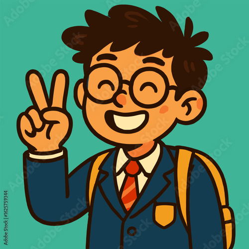 A cheerful schoolboy with glasses flashes a peace sign and a bright smile, wearing a navy blazer and striped tie, set against a playful turquoise background.