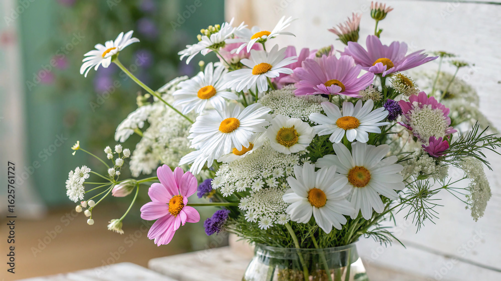 Obraz premium Daisy flower bouquet floral arrangement daisies pink flowers white flowers in vase still life flower arrangement