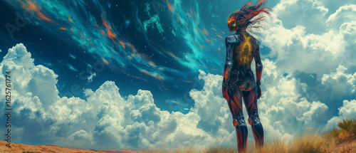 Surreal android woman in glowing armor under cosmic desert sky