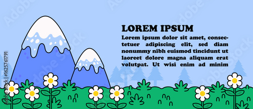 Cute cartoon-style mountains with snow peaks, white flowers, and editable text area. Perfect for nature themes, childrens designs, or outdoor illustrations or banner design