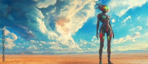 Futuristic humanoid cyborg standing in vast psychedelic desert, ultra widescreen