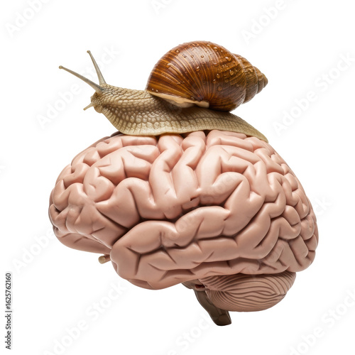 A garden snail rests on a human brain model, illustrating concepts of slow thinking, mental decline, or sluggish cognitive function.