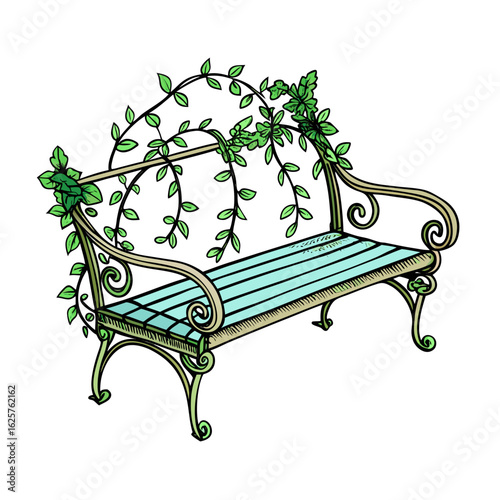 Hand-drawn garden bench with a vine-draped backrest with white background