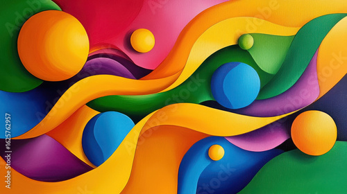 Abstract Colorful Waves with Spheres in Bright Colors and Shapes