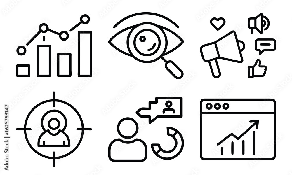Fototapeta premium Marketing and Business Line Icons 6 Vector Icons for SEO Link Building, Sales Funnel, Promotion, Analytics, Customer Targeting and Digital Advertising