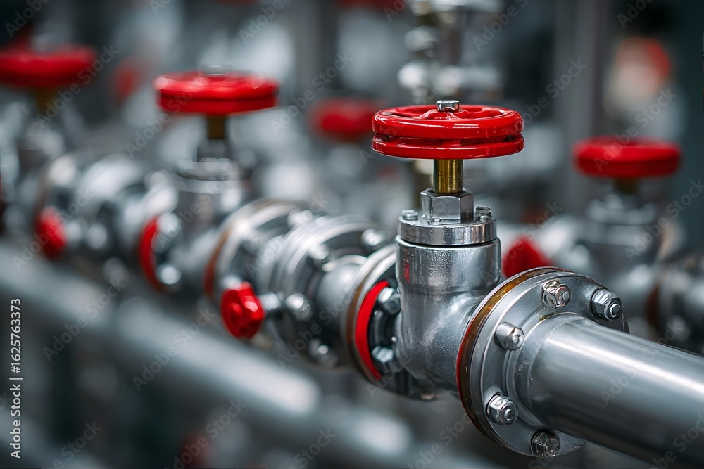Fototapeta premium Red valves in an industrial pipeline.