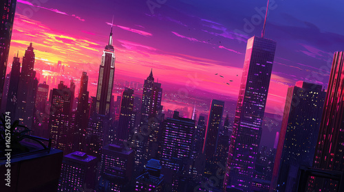 Vibrant Twilight Cityscape Overlooking Skyscrapers and Skyline