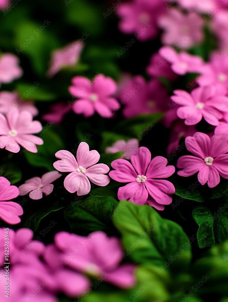 Close-up of delicate pink flowers nestled amidst lush green foliage for springtime charm Close-up of delicate pink flowers nestled amidst lush green foliage for springtime charm