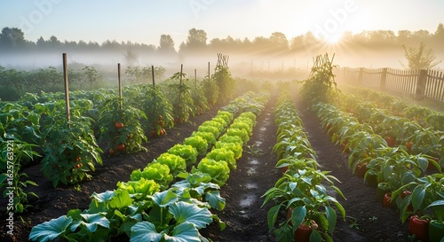 Vegetable Garden Rows with Lettuce and Tomatoes in Foggy Morning Light