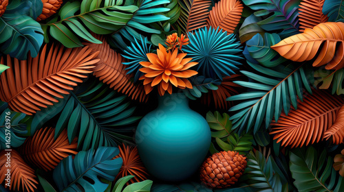 Vibrant Tropical Leaves and Floral Arrangement in Bold Colors
