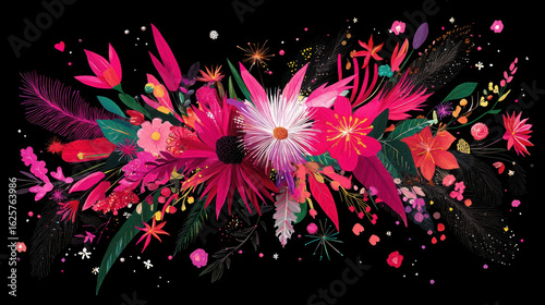 Vibrant Floral Arrangement on Dark Background with Colorful Elements