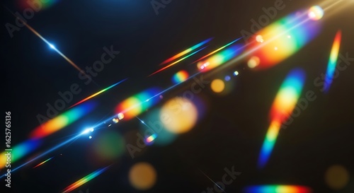 Chromatic Aberration Lens Flares with Rainbow Light Leaks and Bokeh on a Dark Background Creating a Stunning Abstract Effect