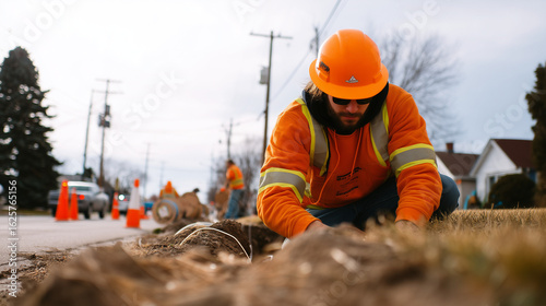 construction worker inspecting roadside cables 